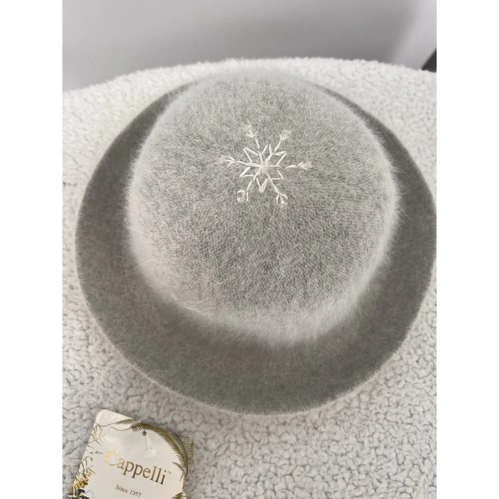 New Capelli Women's Angora Wool Blend Gray Fedora Hat Snowflakes Hand Made Warm